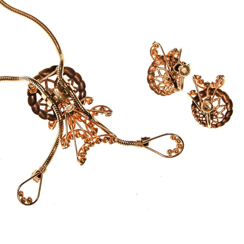 Pink Rhinestone Lariat Necklace and Earrings Set by Phyllis Originals