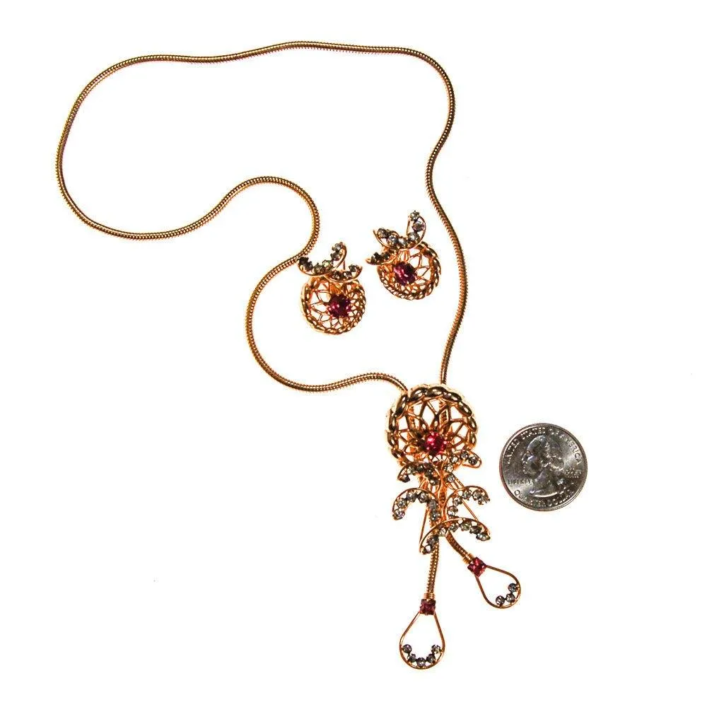 Pink Rhinestone Lariat Necklace and Earrings Set by Phyllis Originals