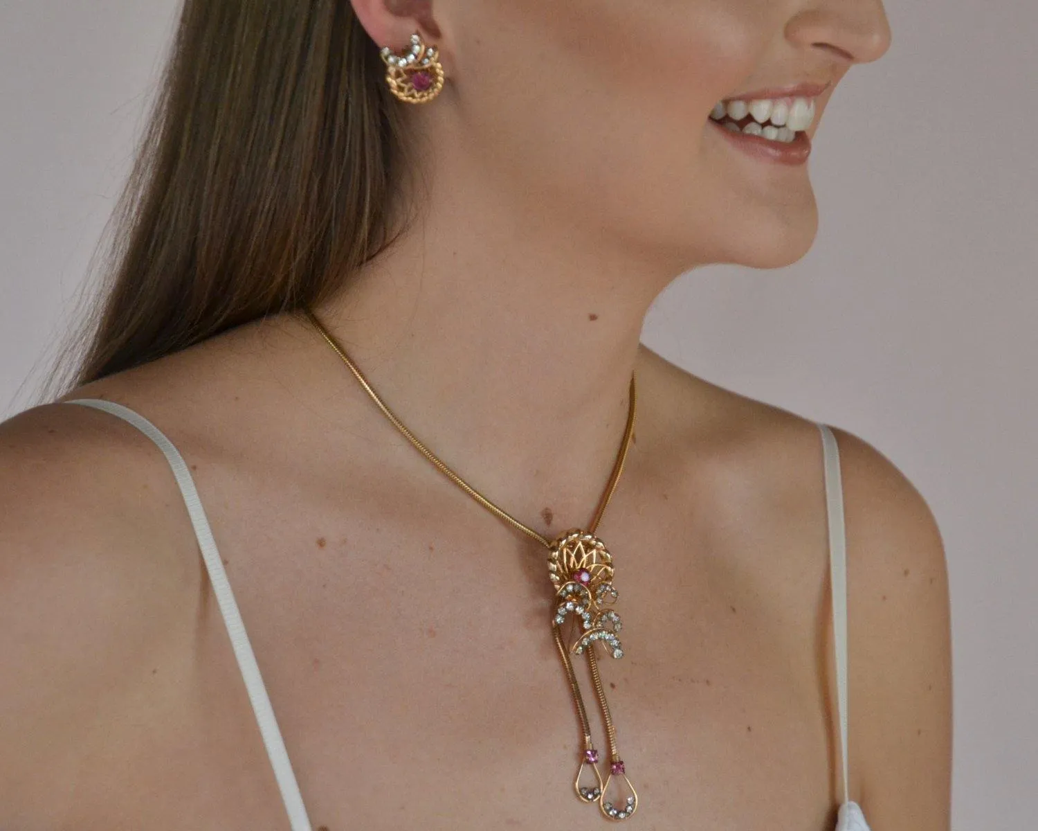 Pink Rhinestone Lariat Necklace and Earrings Set by Phyllis Originals