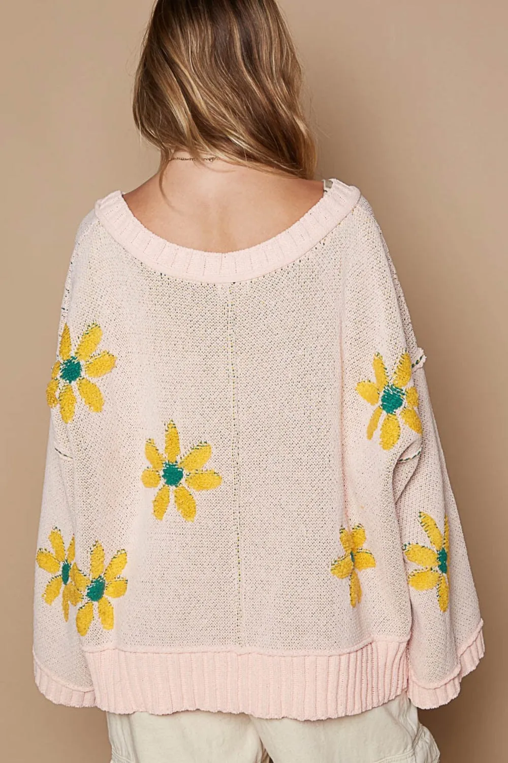 POL Pink V-Neck Floral Pattern Chenille Sweater