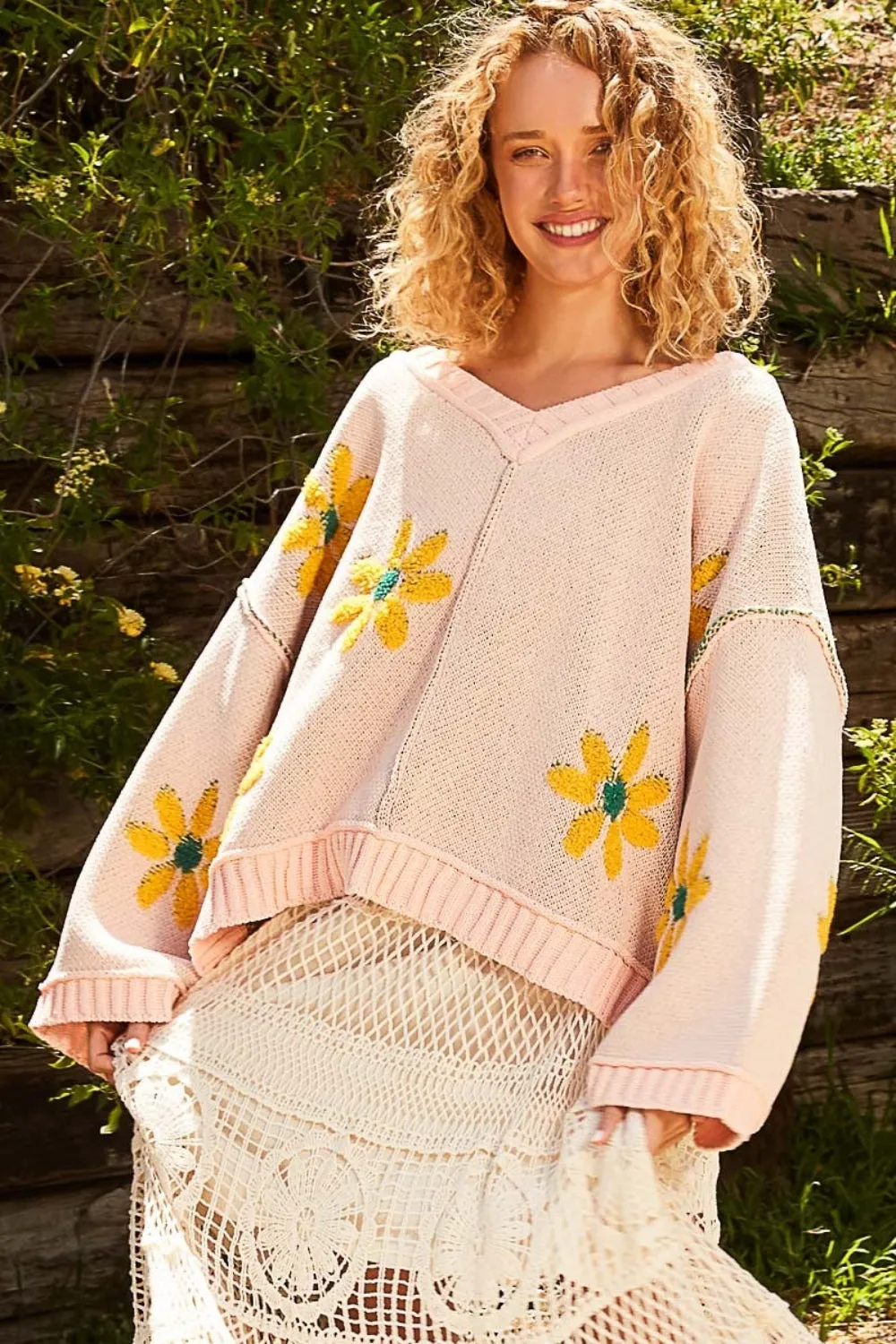 POL Pink V-Neck Floral Pattern Chenille Sweater