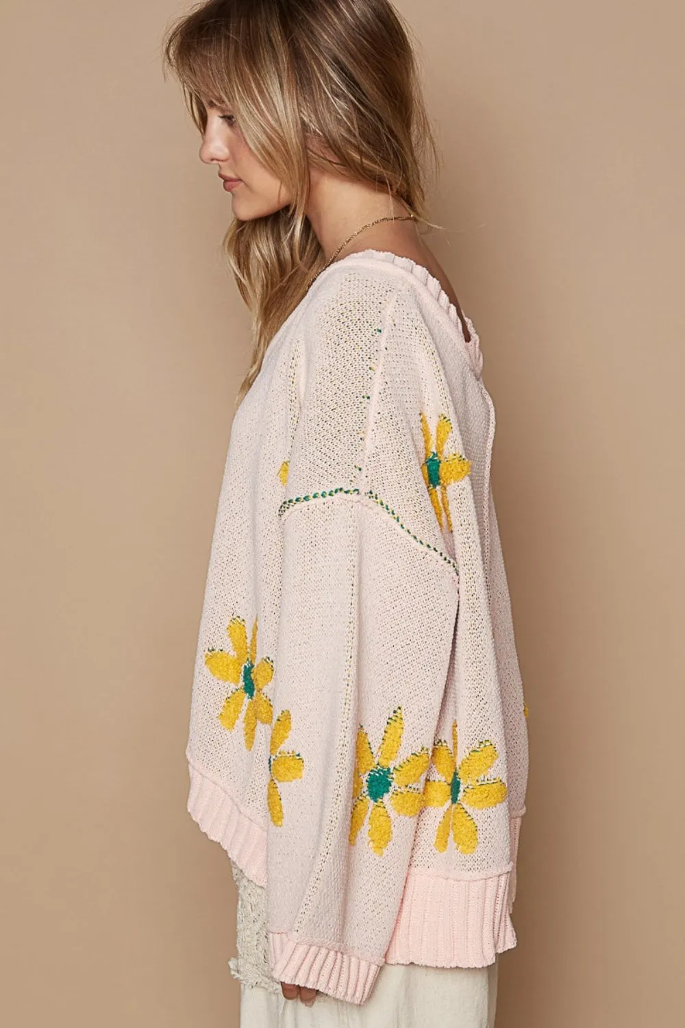 POL Pink V-Neck Floral Pattern Chenille Sweater
