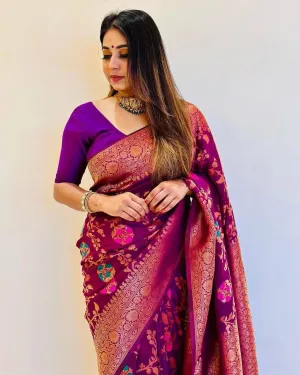 Purple Banarasi Soft Silk Saree With Blouse