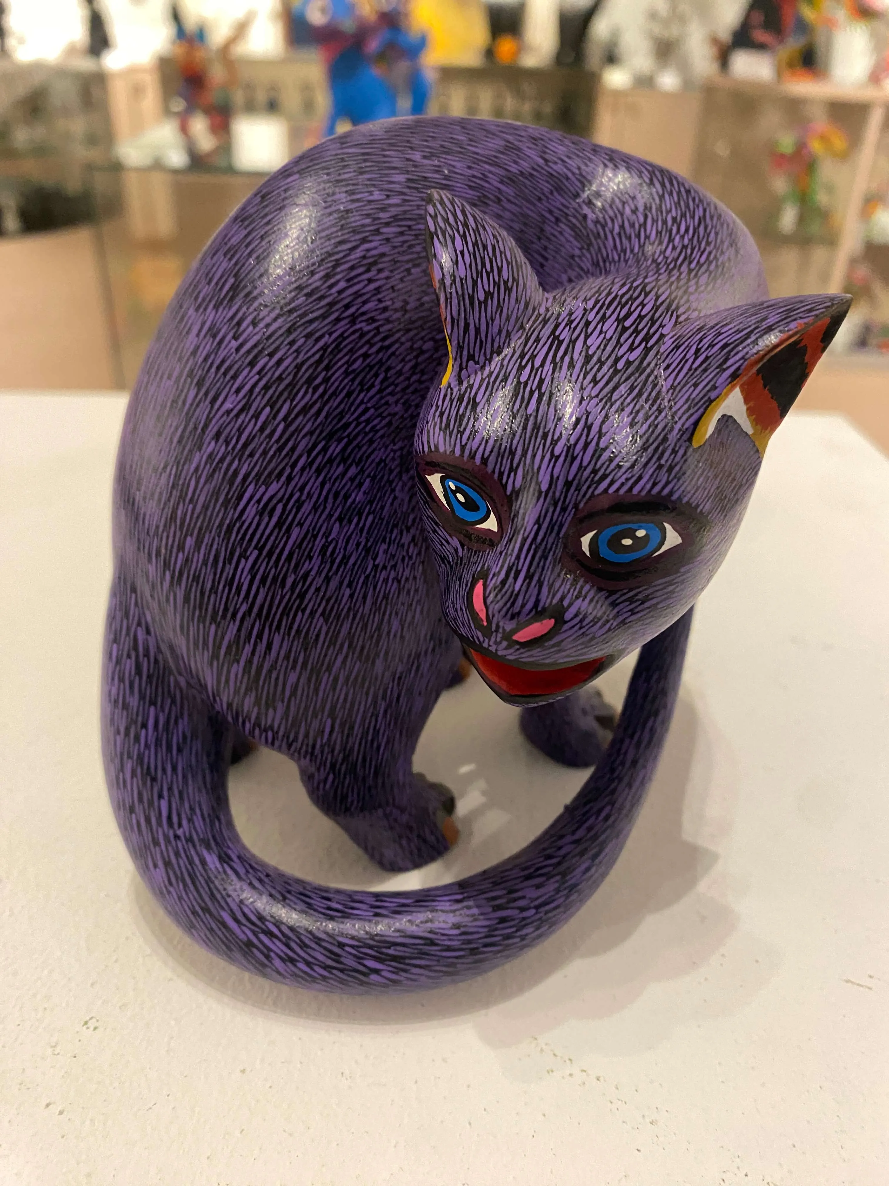 Purple Cat Fine Mexican Wood Carving Alebrije