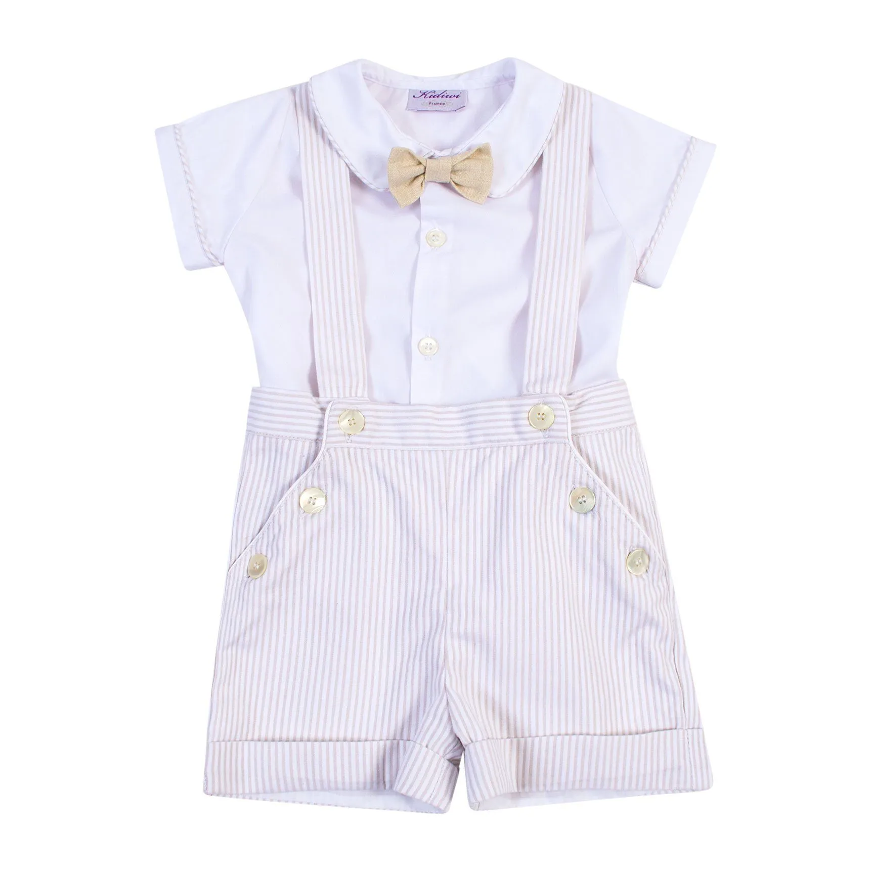 "Adrien" Beige Striped Shorts with Braces Set