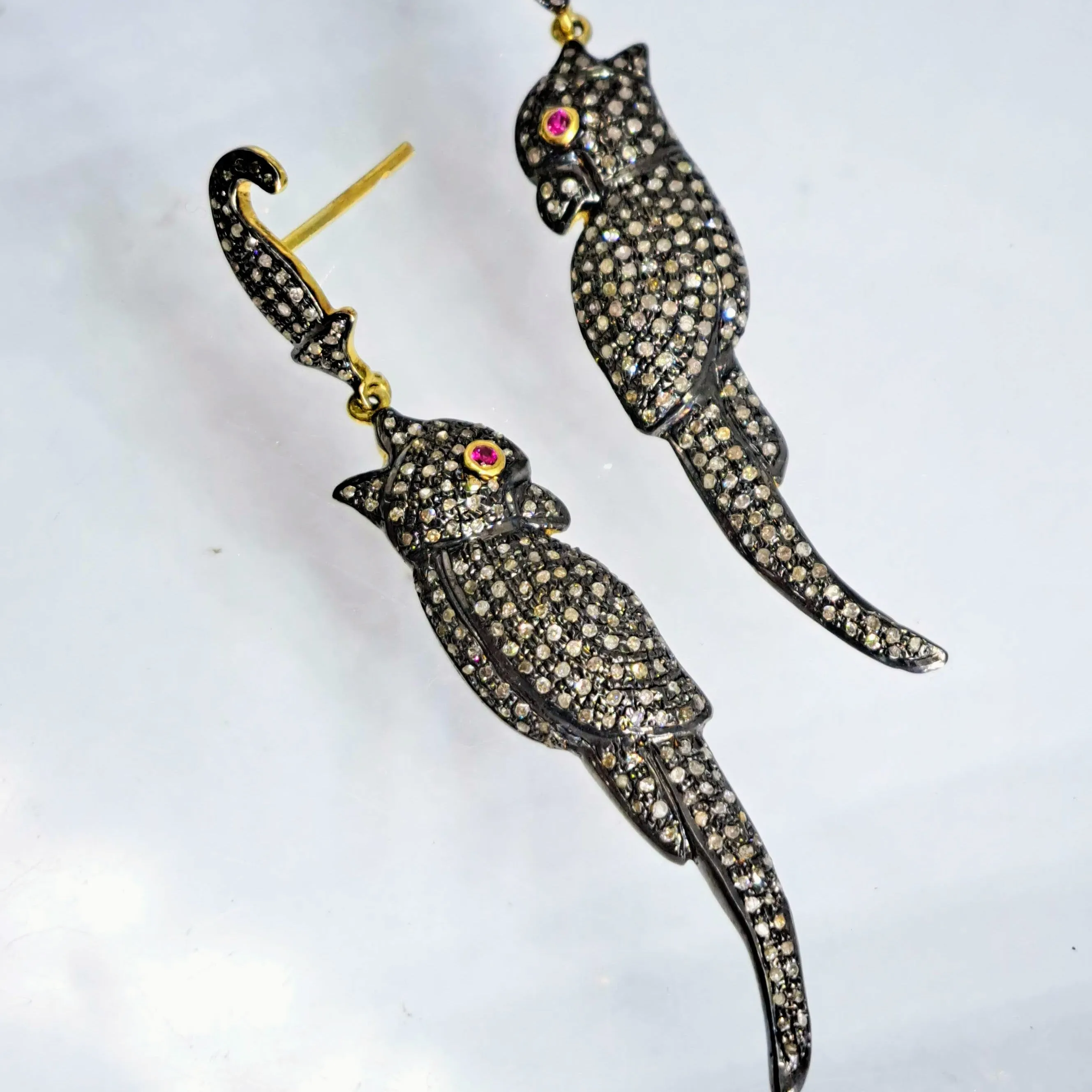 "Birds Of Paradise" 2.5" Earrings - Diamond, Ruby, Sterling, 18K.
