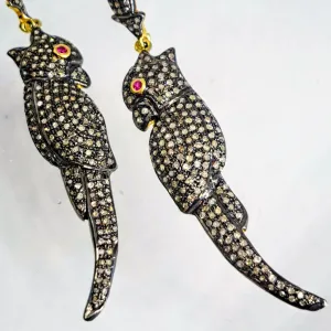 "Birds Of Paradise" 2.5" Earrings - Diamond, Ruby, Sterling, 18K.