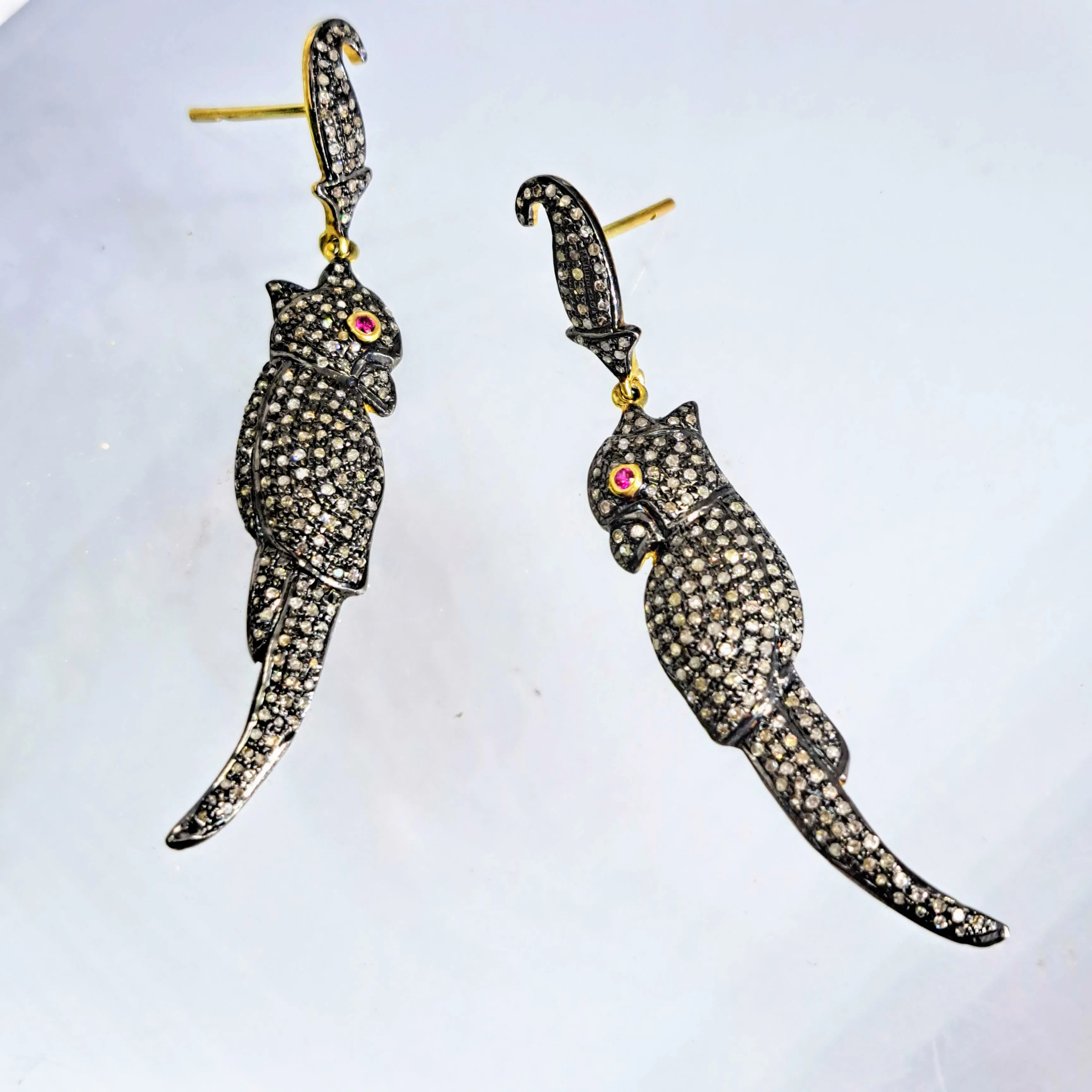 "Birds Of Paradise" 2.5" Earrings - Diamond, Ruby, Sterling, 18K.