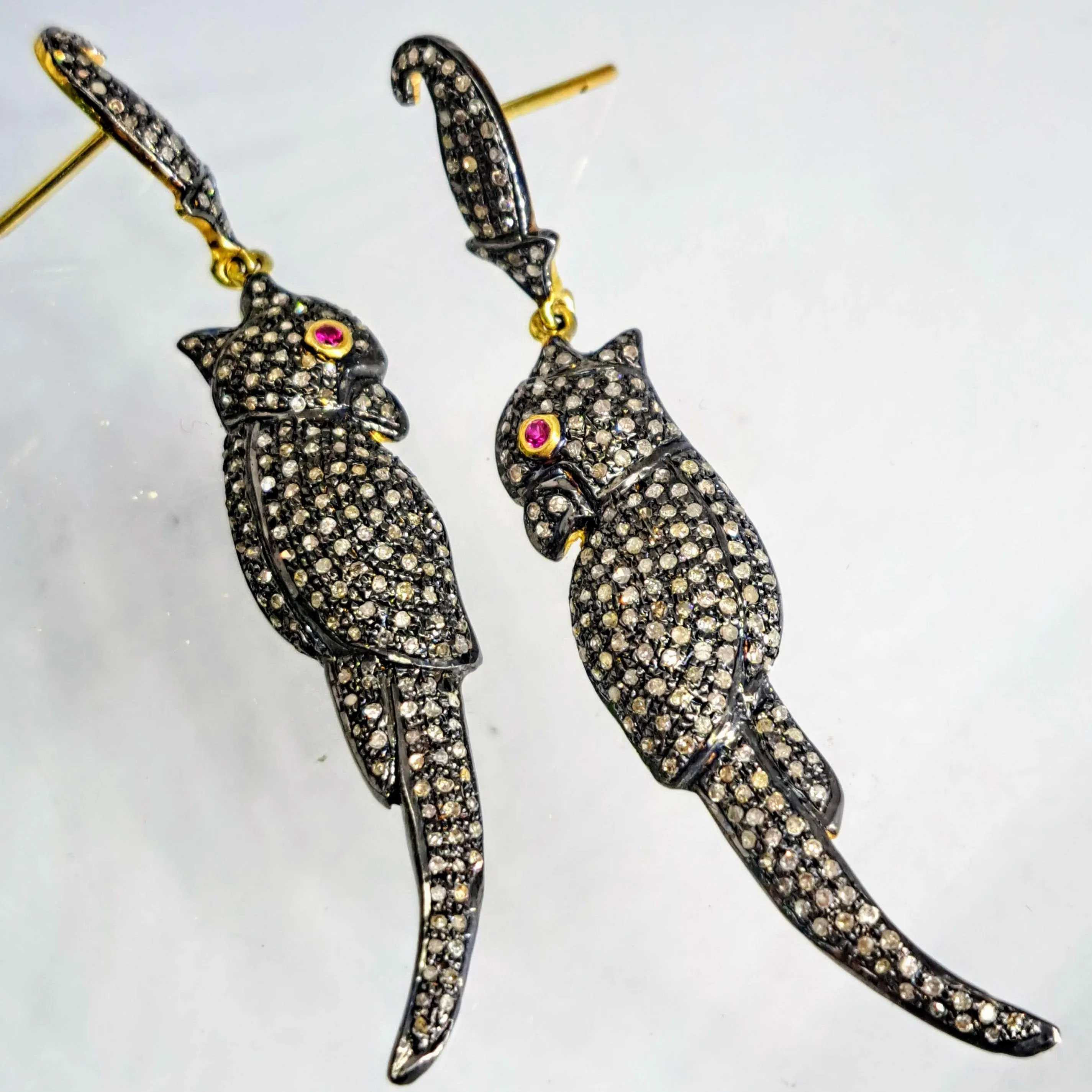 "Birds Of Paradise" 2.5" Earrings - Diamond, Ruby, Sterling, 18K.