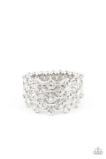 "Metro Motivation" Silver Metal & Clear/White Rhinestone Band Elastic Ring