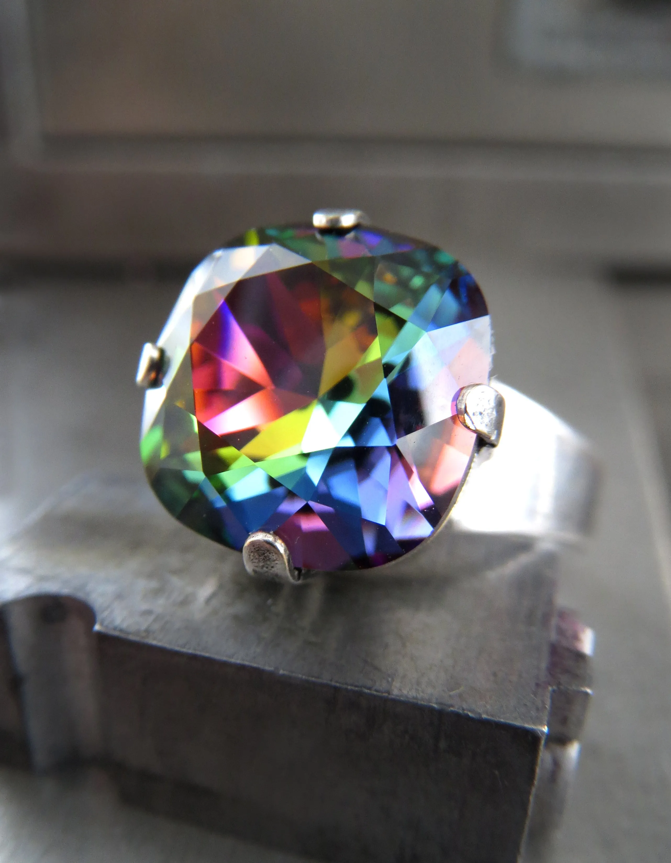 RAINBOW Crystal Ring with Antiqued Silver