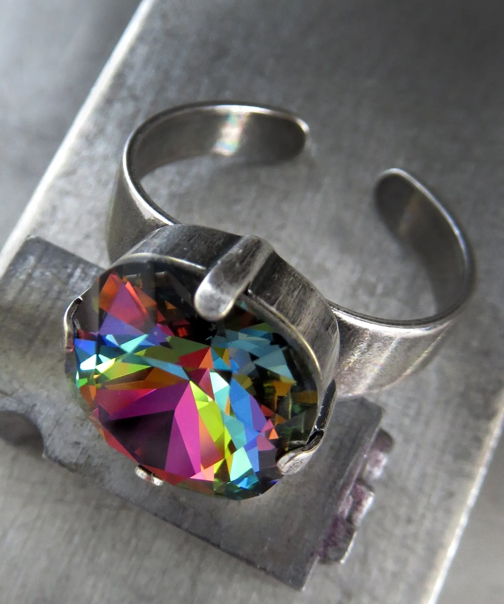 RAINBOW Crystal Ring with Antiqued Silver