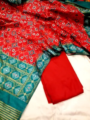 Red And Blue  Banarasi Silk Katan Patola Design Suit