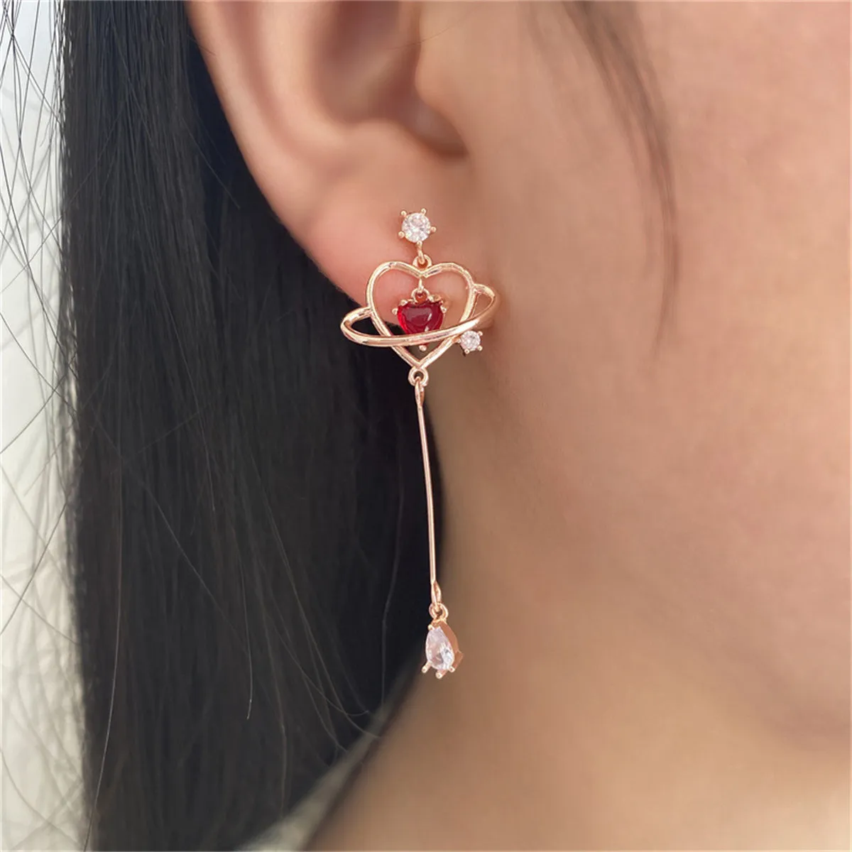 Red Crystal & 18K Gold-Plated Cubic Zirconia-Accent Heart Drop Earrings