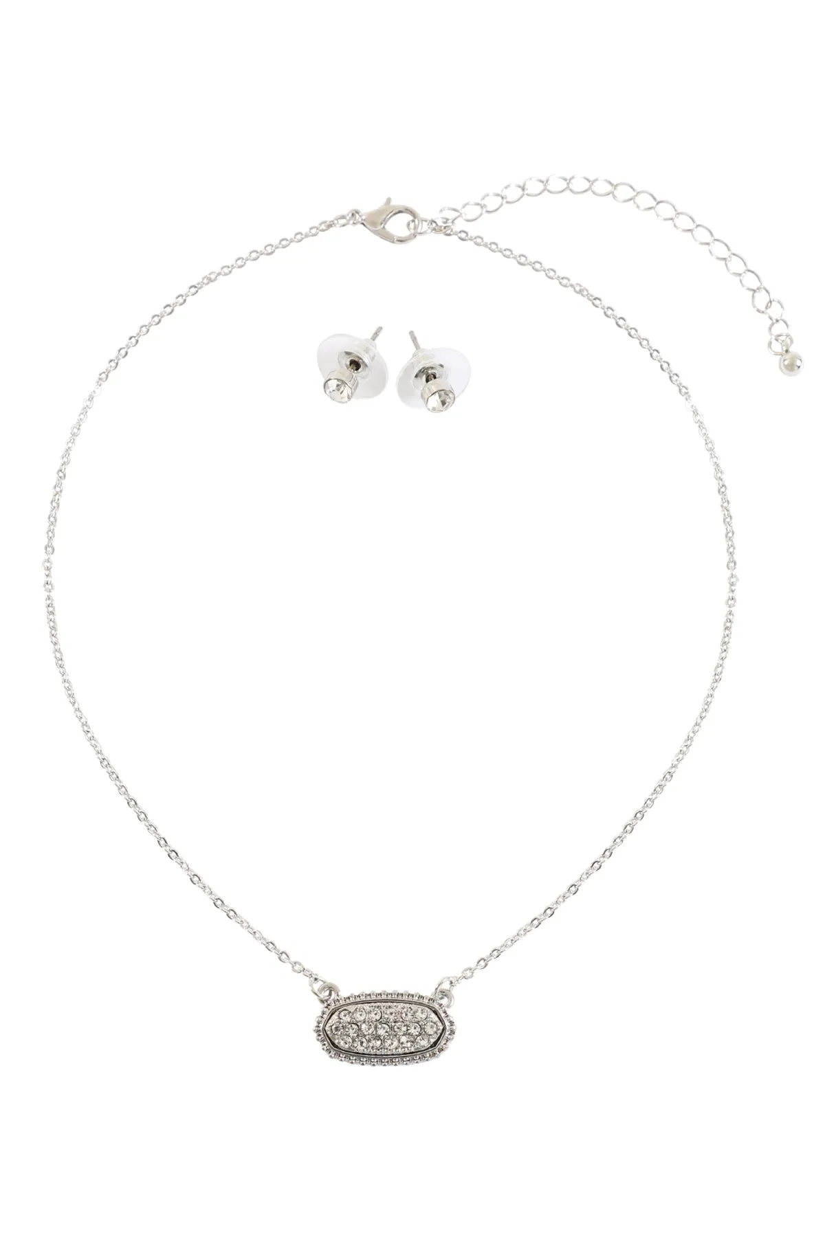 RHINESTONE DRUZY OVAL NECKLACE STUD EARRINGS SET