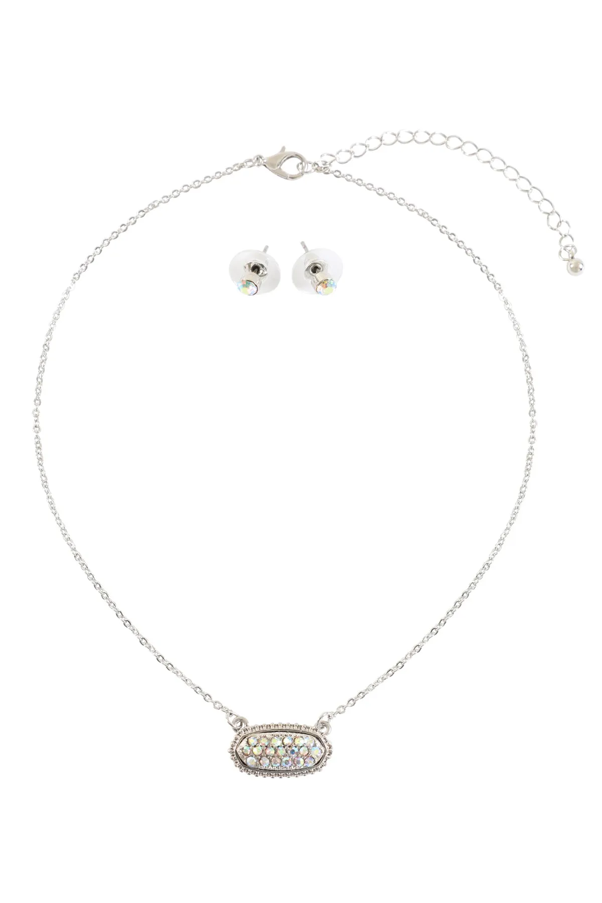 RHINESTONE DRUZY OVAL NECKLACE STUD EARRINGS SET