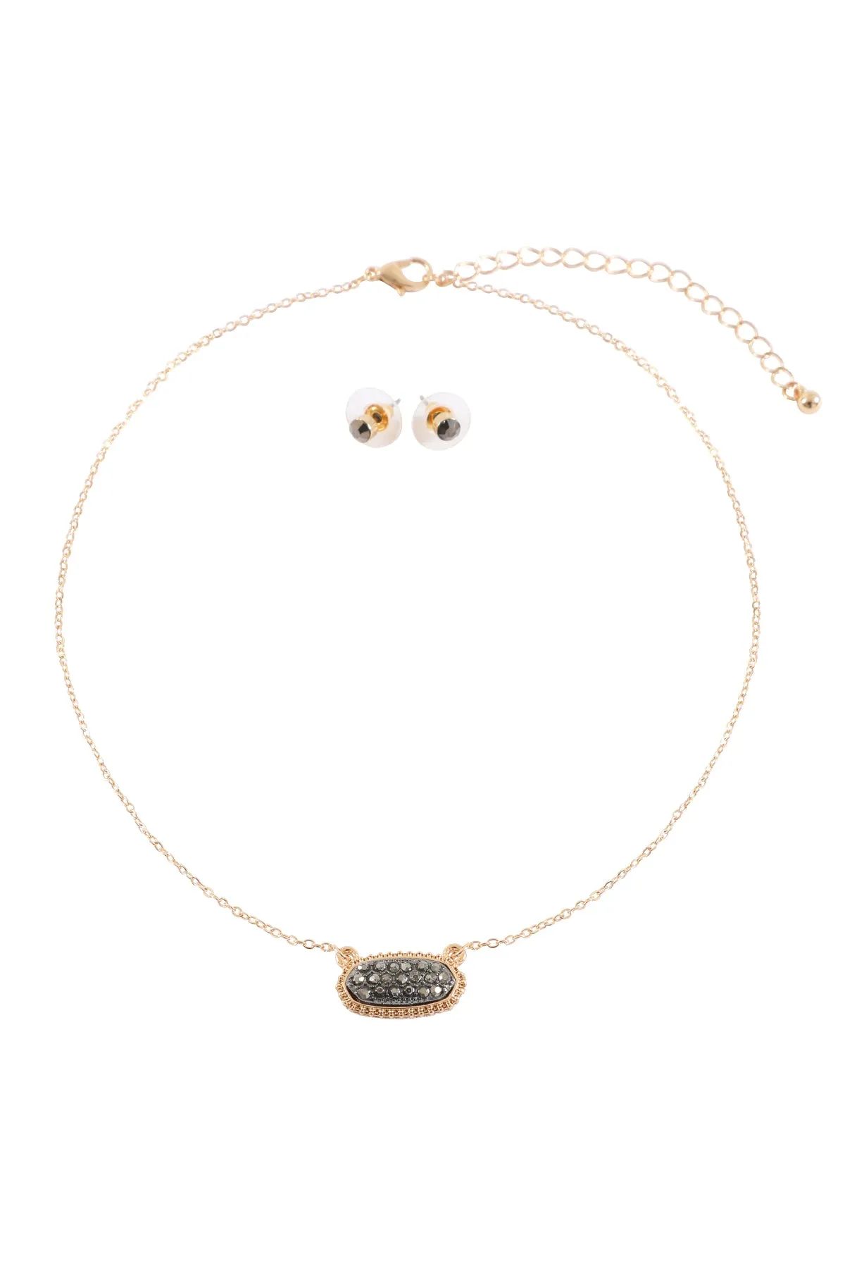 RHINESTONE DRUZY OVAL NECKLACE STUD EARRINGS SET
