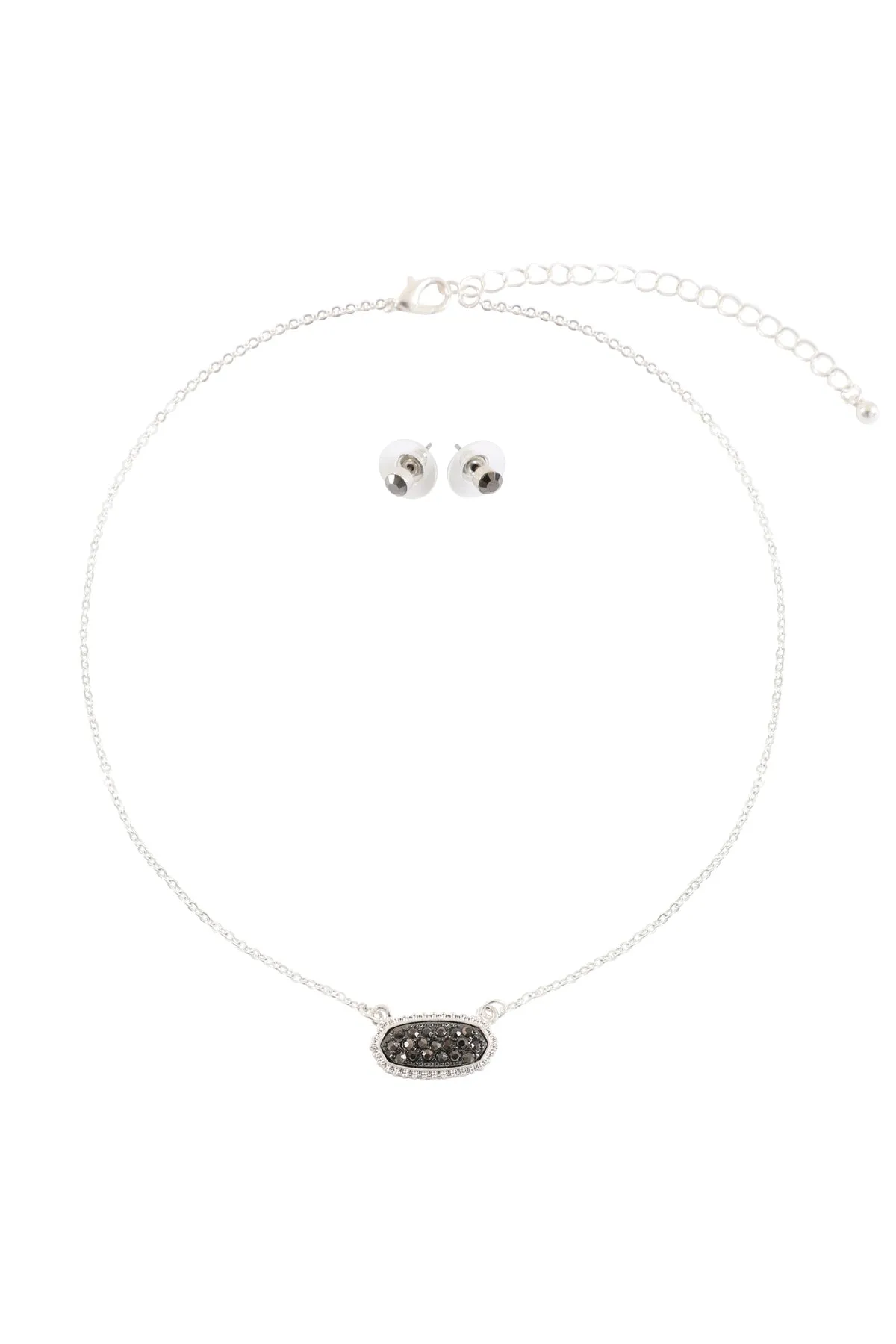 RHINESTONE DRUZY OVAL NECKLACE STUD EARRINGS SET