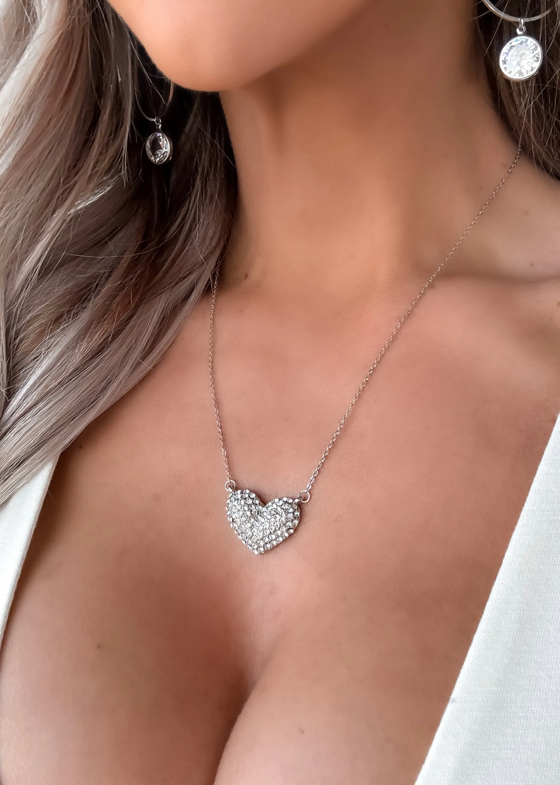 Rhinestone Heart Necklace - Silver