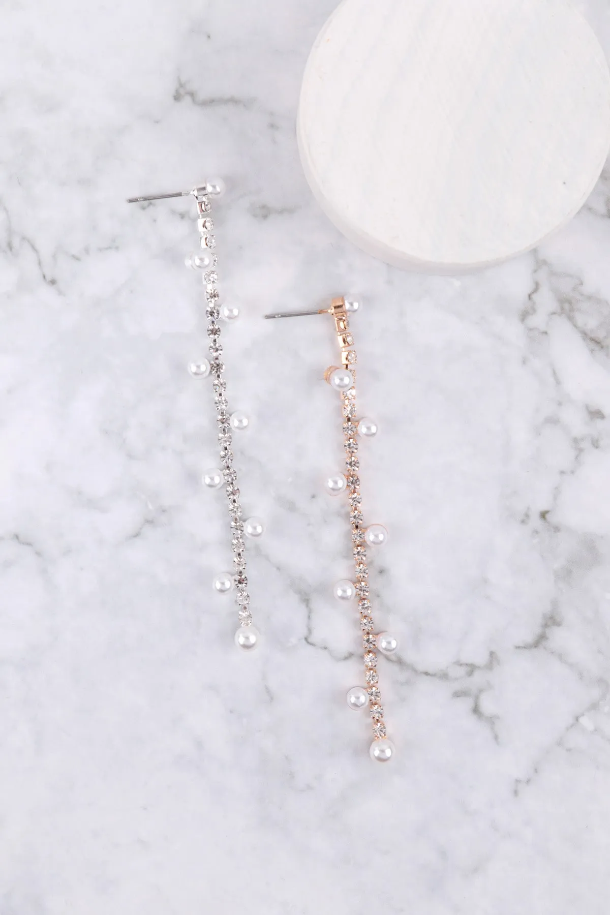 RHINESTONE ZIGZAG STATIONED PEARL DROP EARRINGS