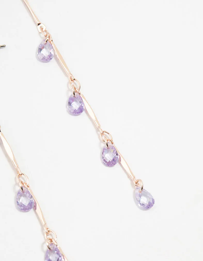 Rose Gold Purple Cubic Zirconia Droplet Drop Earrings