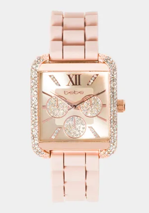 Rose Gold Square Crystal Bezel Roman Numeral Watch