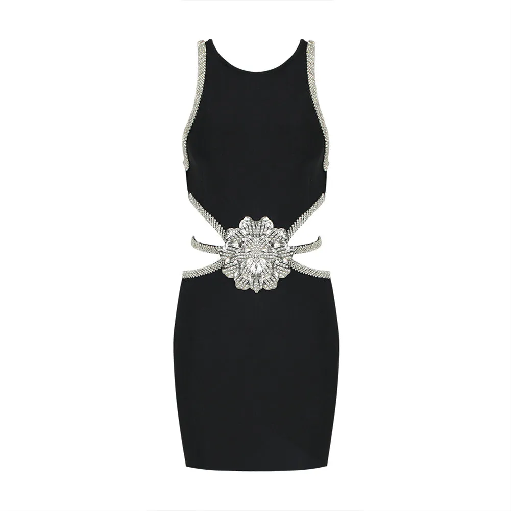 Round Neck Sleeveless Rhinestone Mini Bandage Dress HL9589