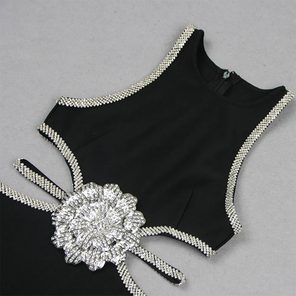 Round Neck Sleeveless Rhinestone Mini Bandage Dress HL9589