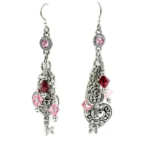 Ruby Heart and Key Crystal Earrings