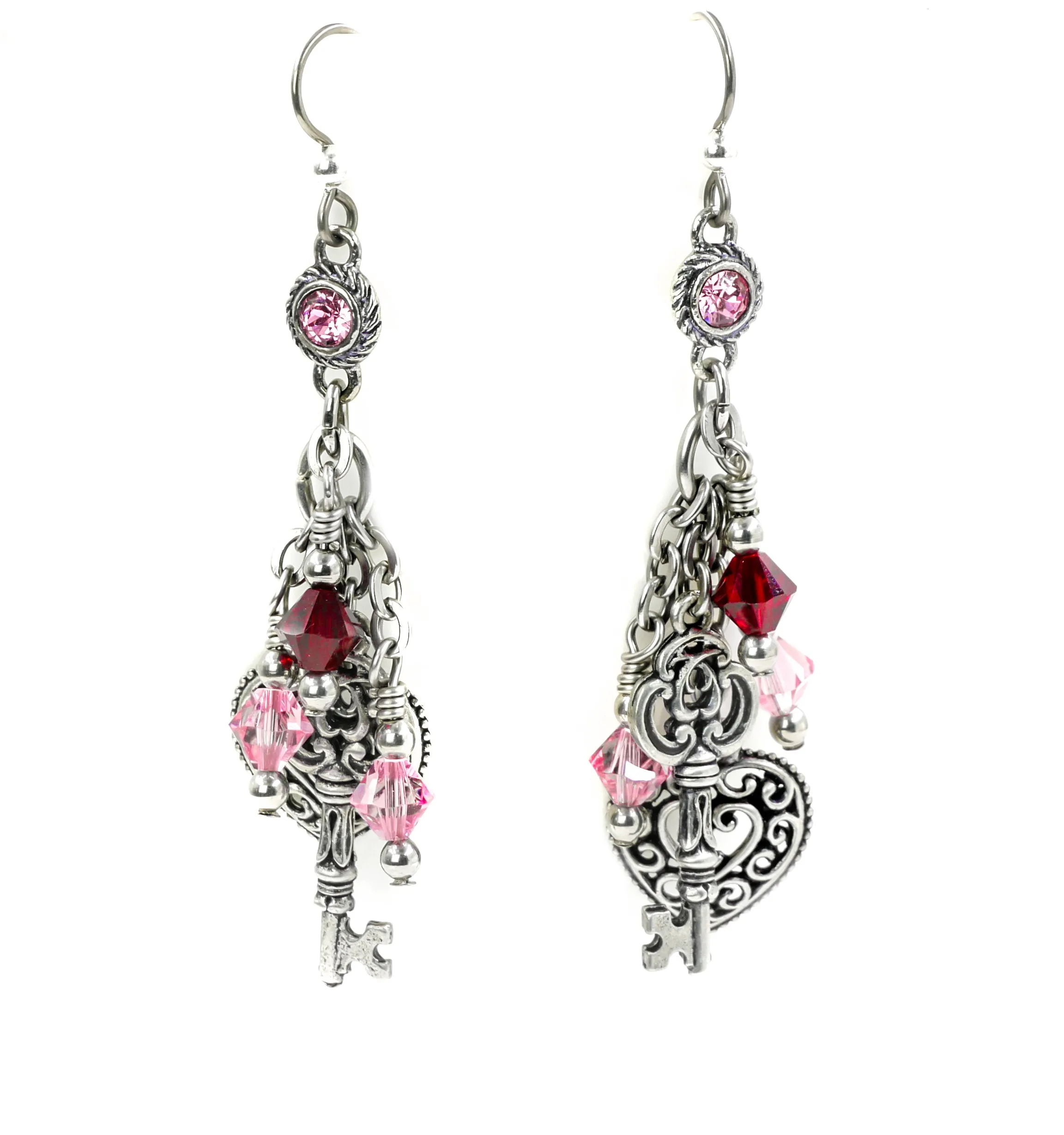 Ruby Heart and Key Crystal Earrings