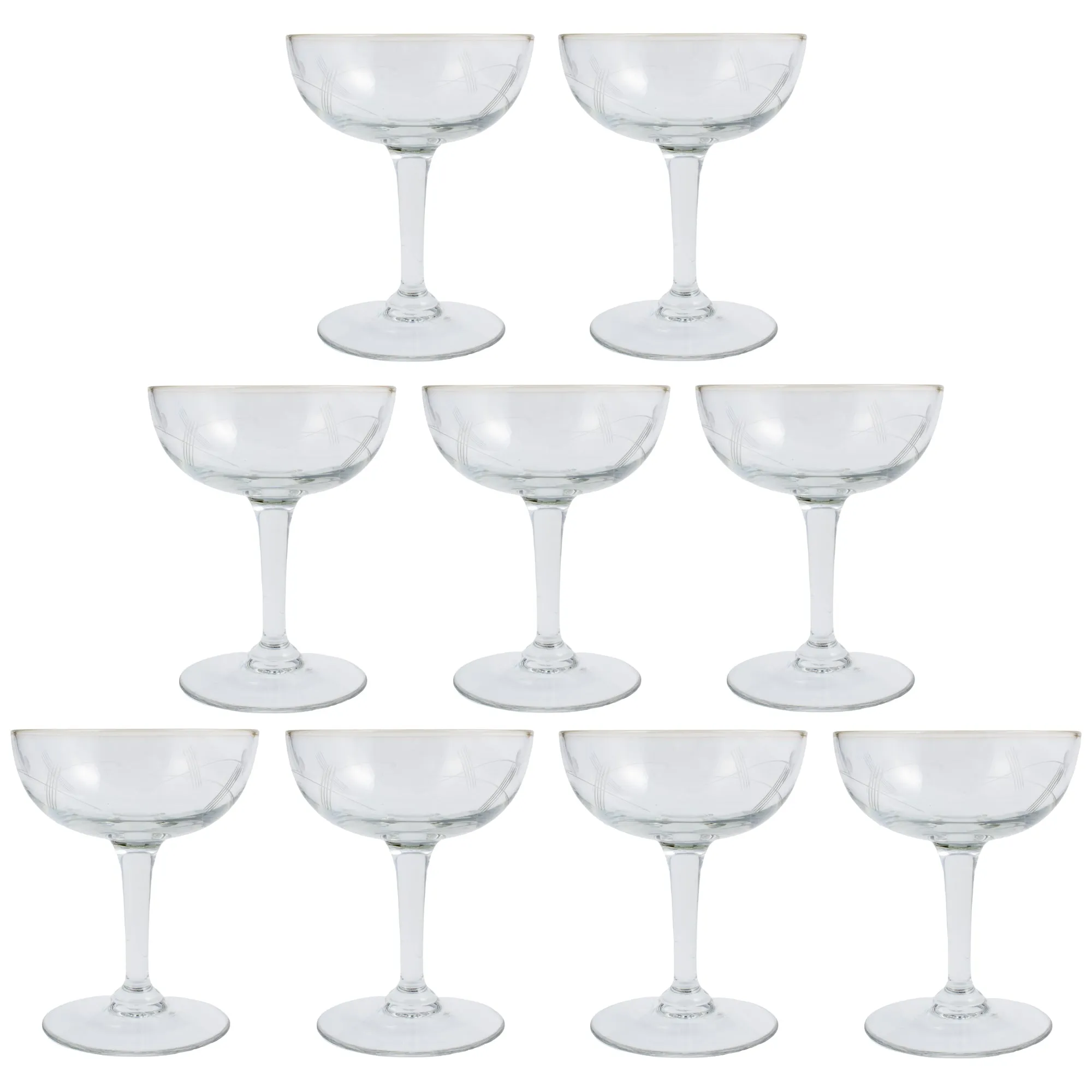 Set of 9 Antique French Etched Champagne Coupes