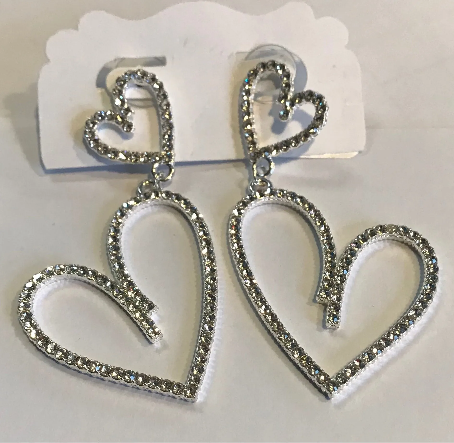 Silver Double Heart Rhinestone Earrings
