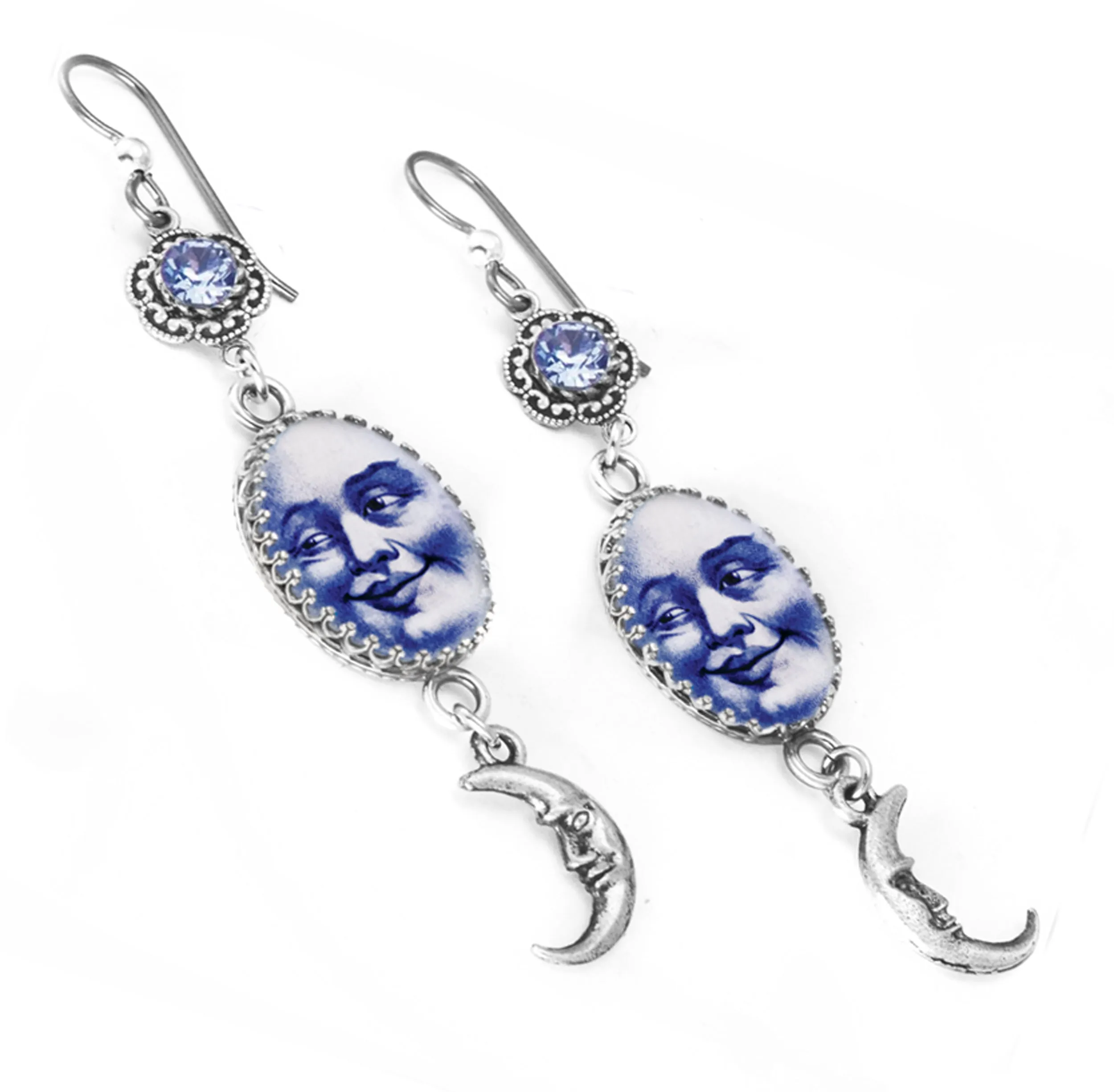 Silver Moon Earrings with Crystals