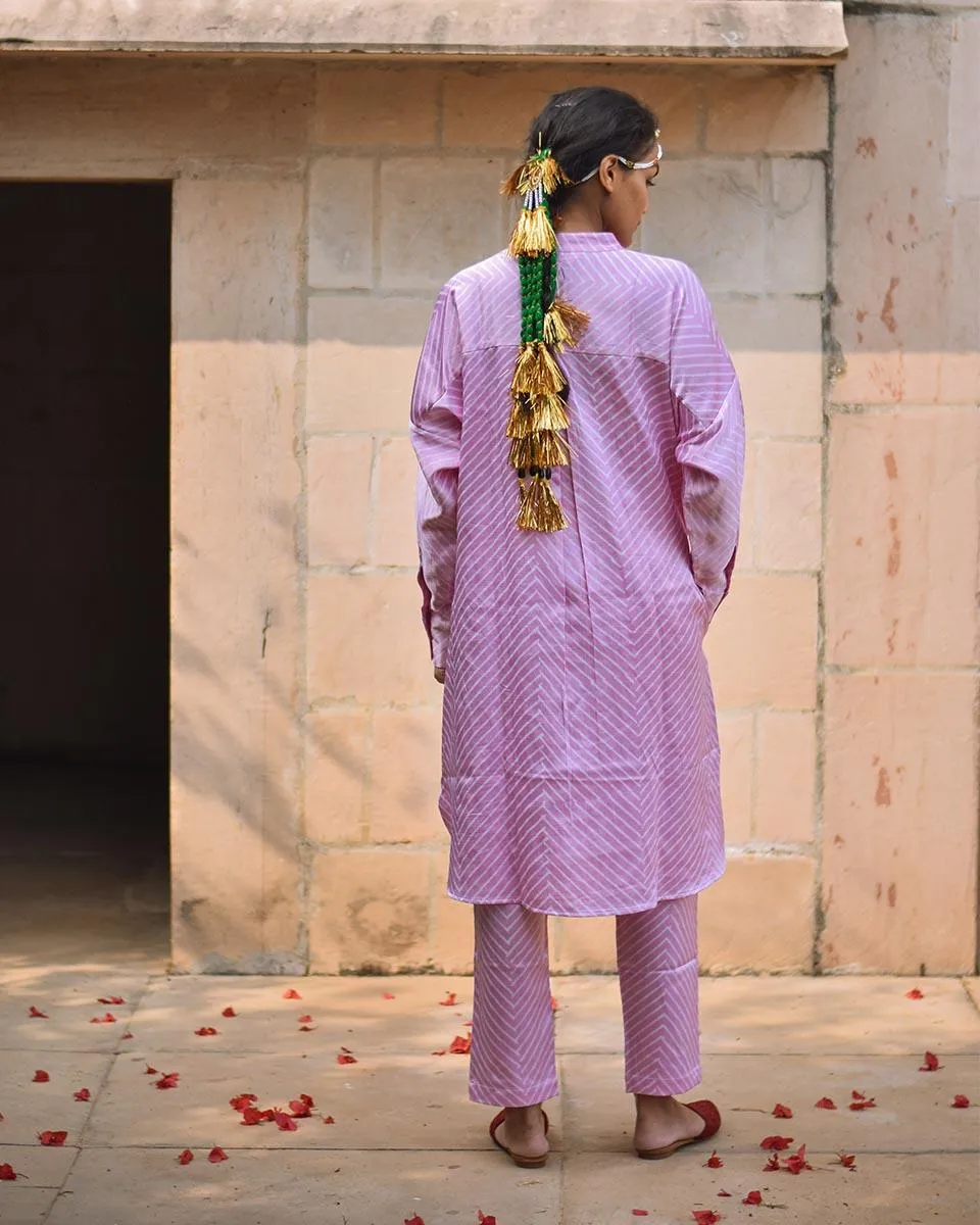 Soft Pink Striped Blockprinted Mashru Silk Kurta Set - Bhavri