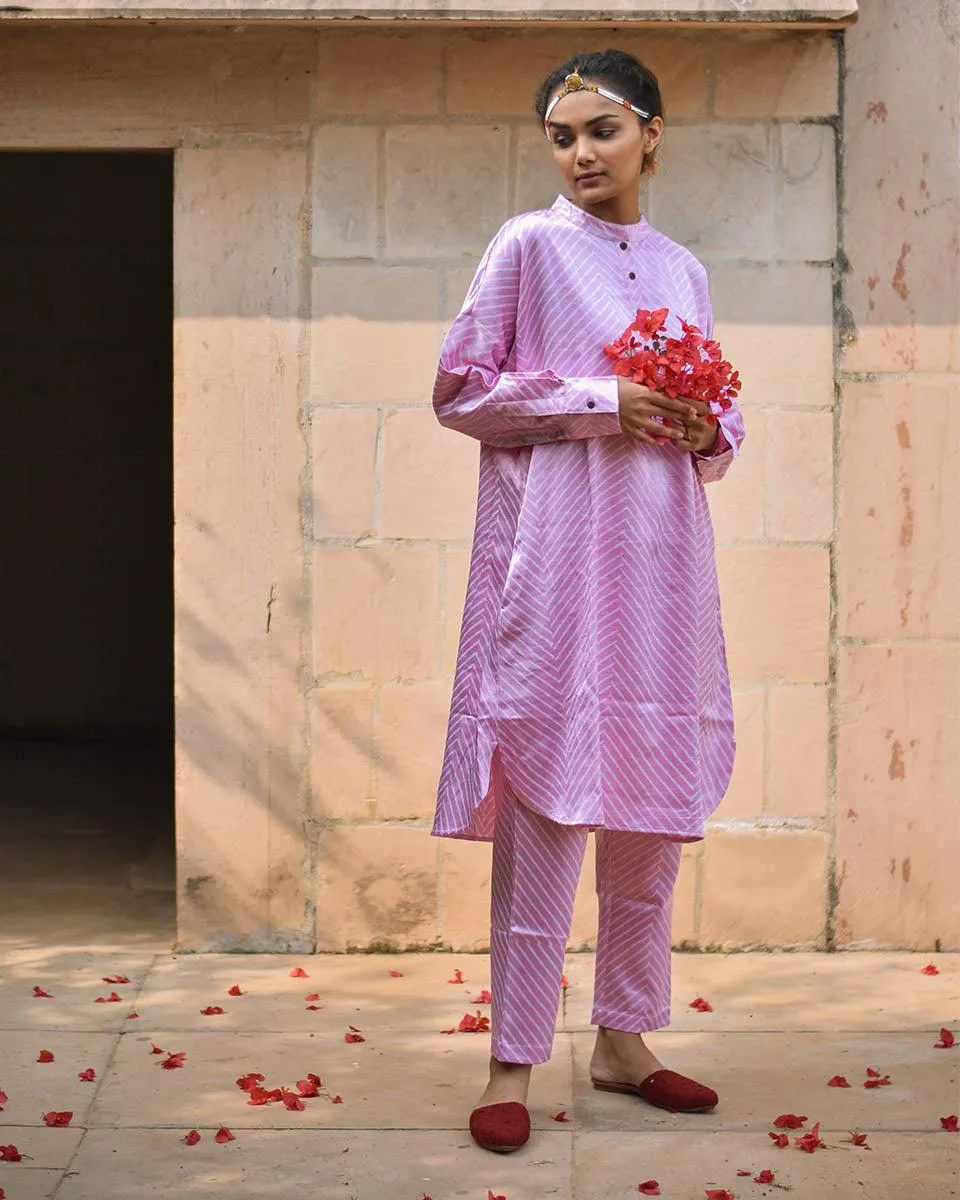 Soft Pink Striped Blockprinted Mashru Silk Kurta Set - Bhavri