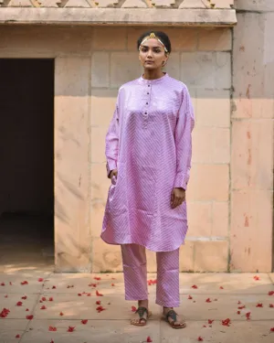 Soft Pink Striped Blockprinted Mashru Silk Kurta Set - Bhavri