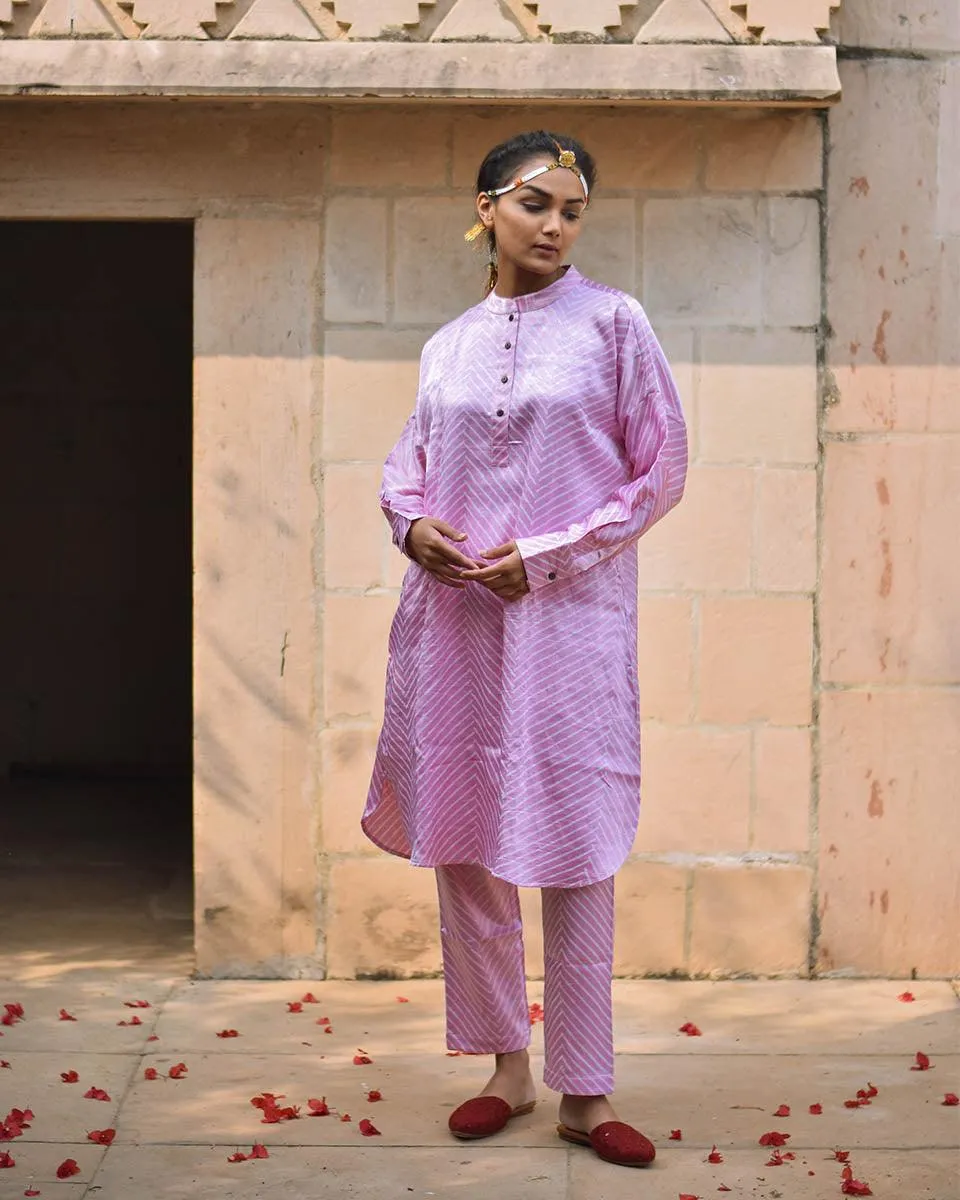 Soft Pink Striped Blockprinted Mashru Silk Kurta Set - Bhavri