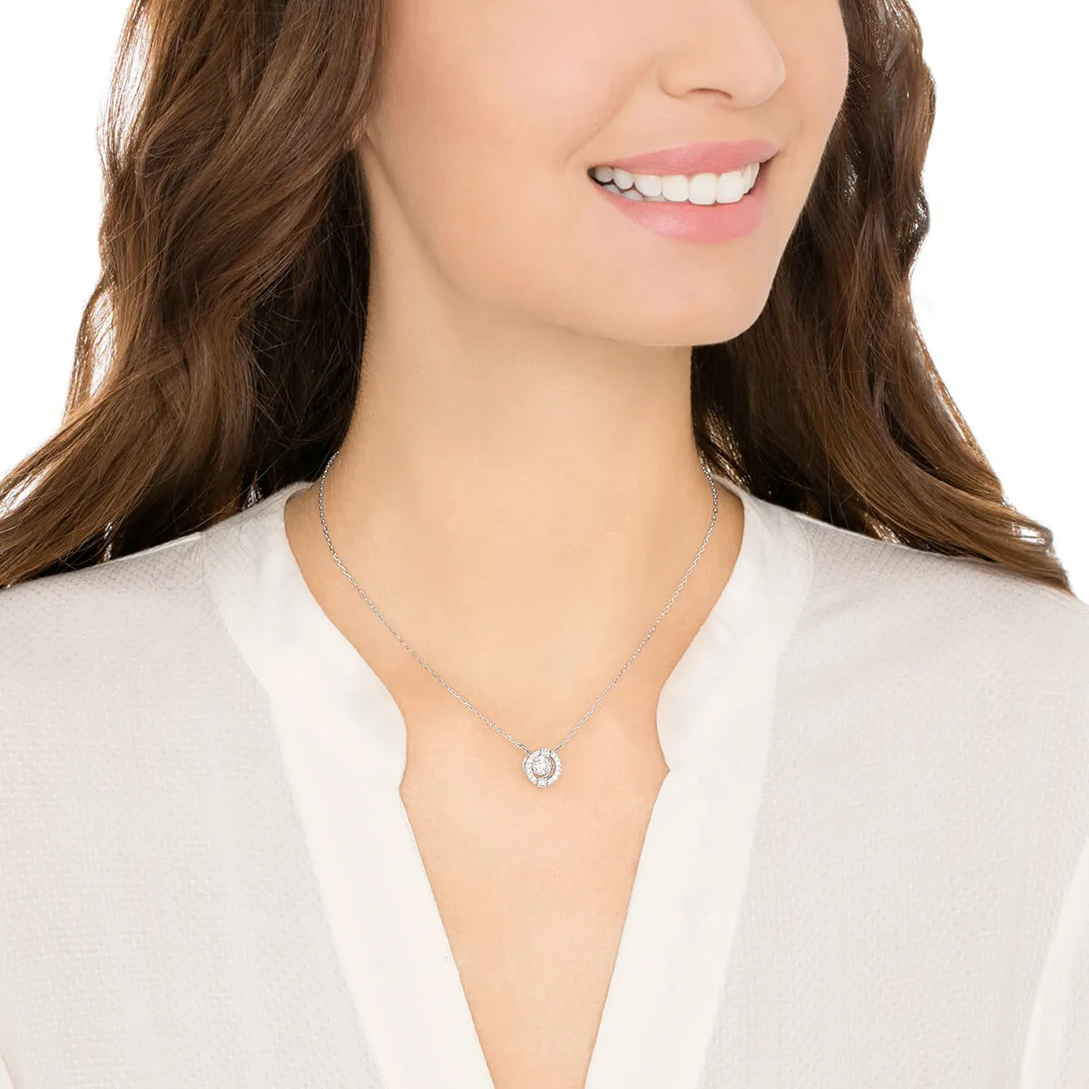 Sparkling Dance White Rhodium Plating Round Necklace