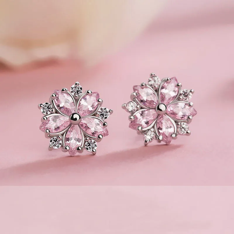 Sparkling Sakura Flower -- Stud Earrings