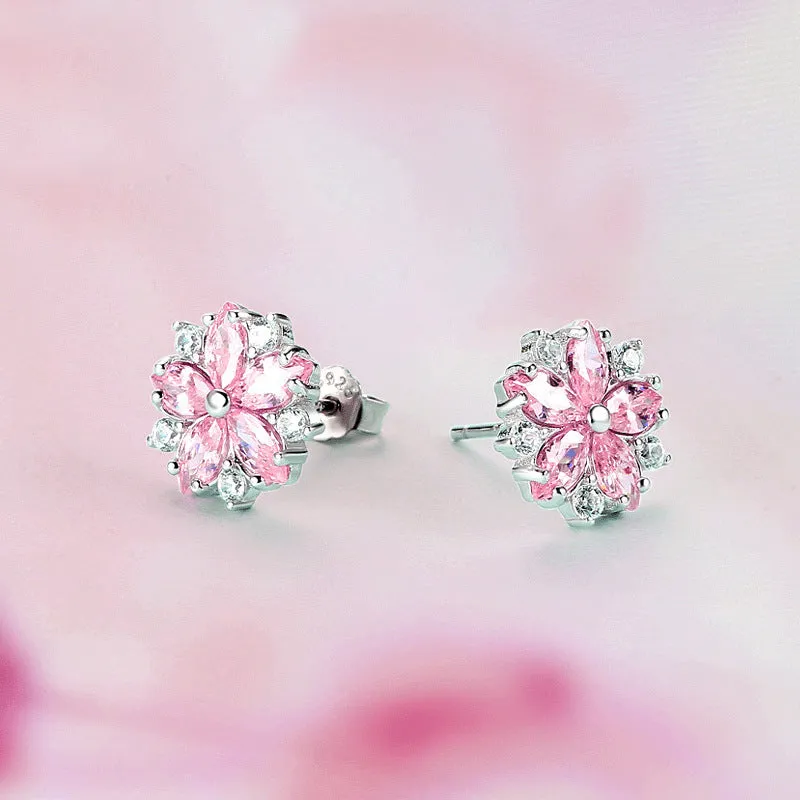 Sparkling Sakura Flower -- Stud Earrings