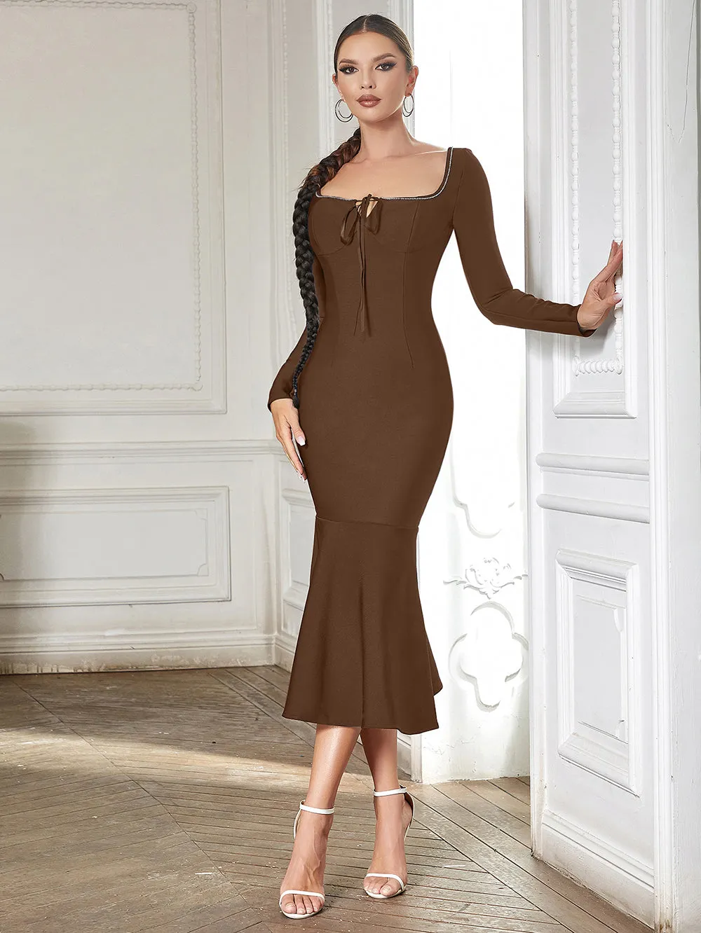 Square Collar Long Sleeve Rhinestone Midi Bandage Dress HB00770