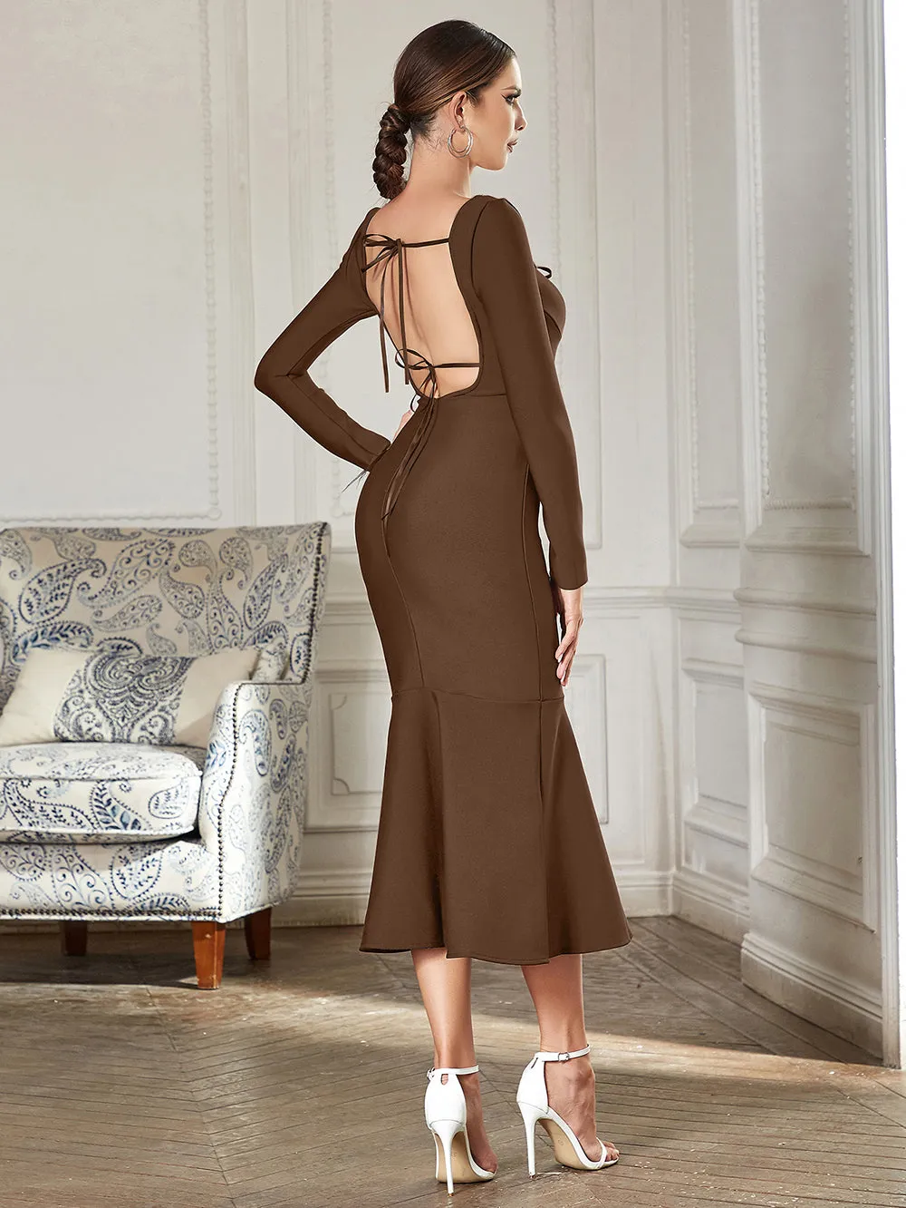 Square Collar Long Sleeve Rhinestone Midi Bandage Dress HB00770