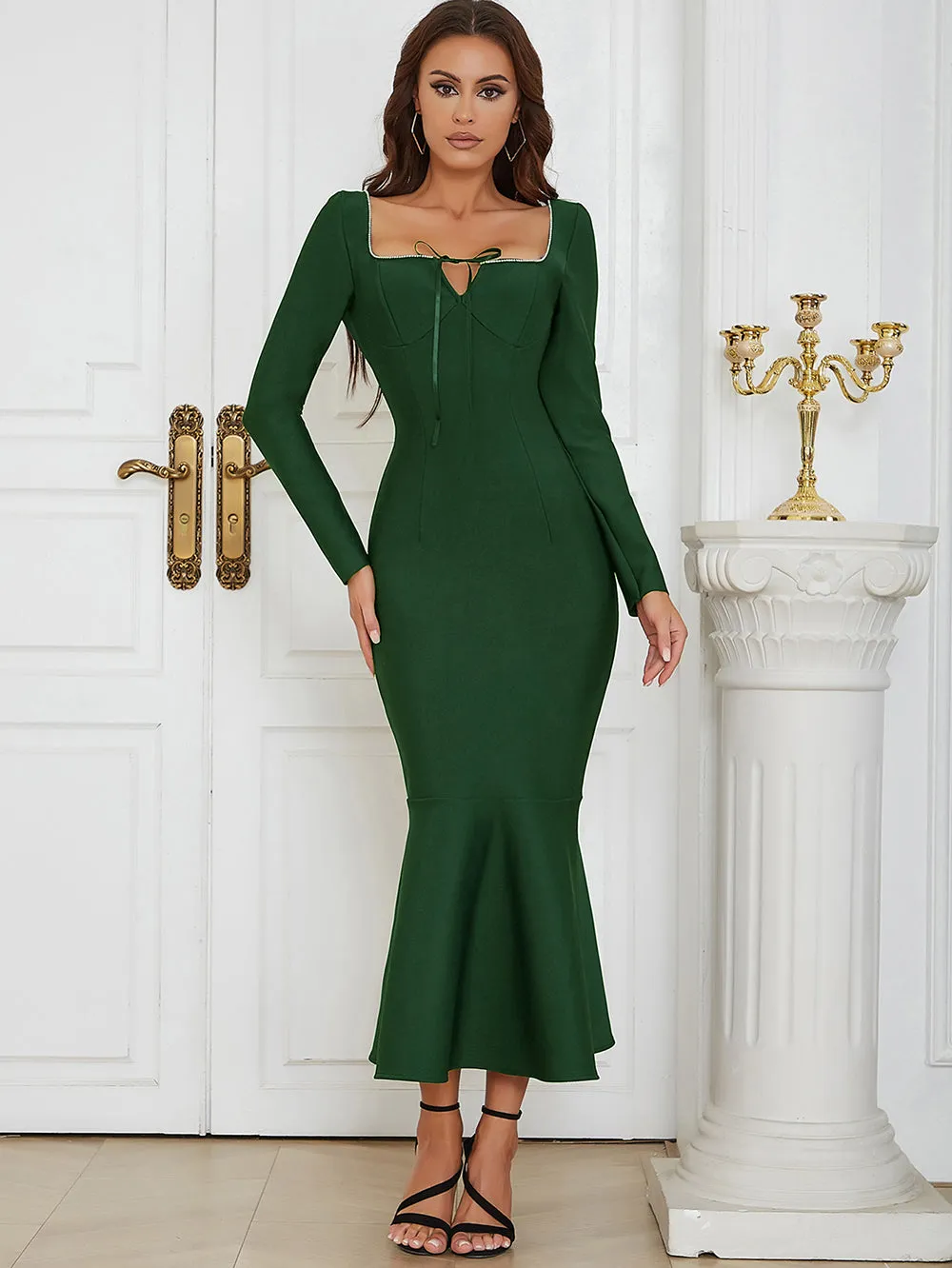 Square Collar Long Sleeve Rhinestone Midi Bandage Dress HB00770
