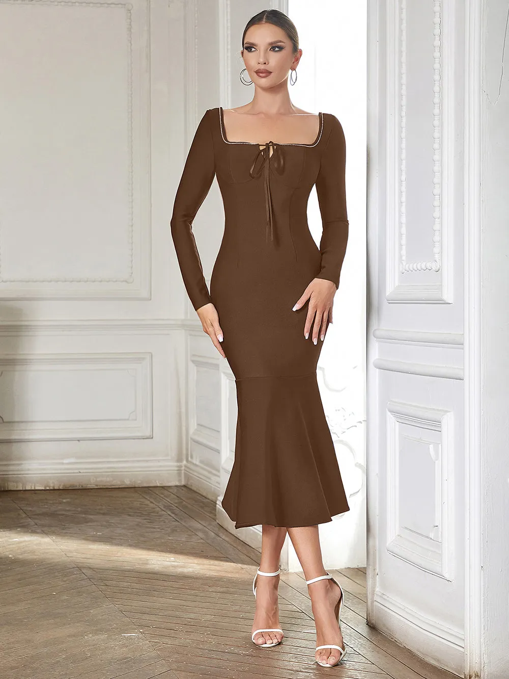 Square Collar Long Sleeve Rhinestone Midi Bandage Dress HB00770