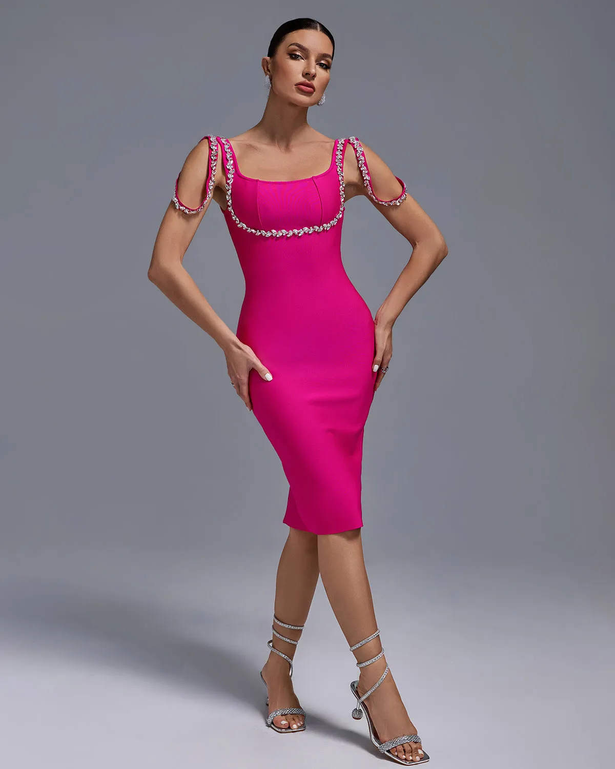 Square Neck Rhinestone Midi Bandage Dress