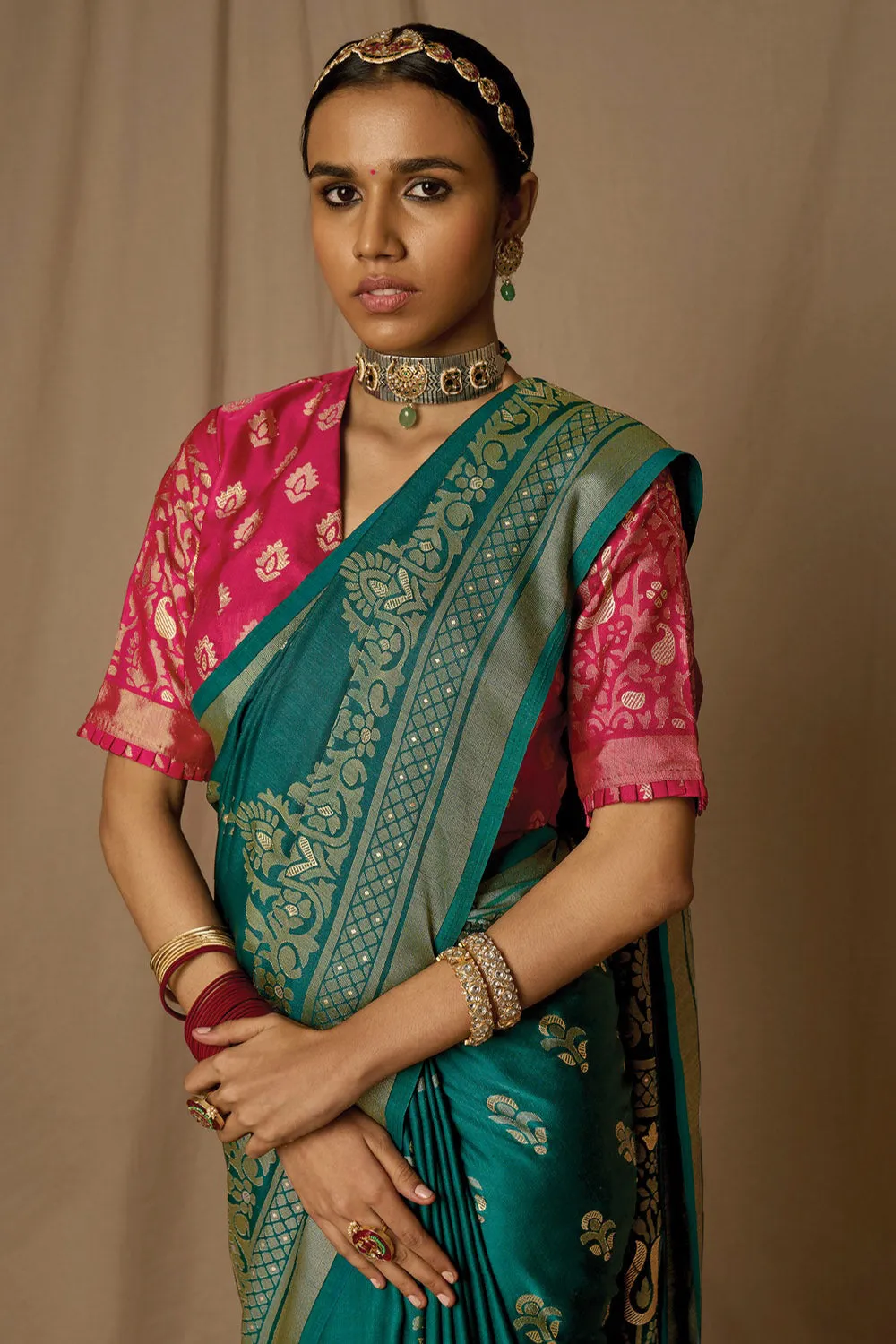 Teal Blue Brasso Saree With Weaving