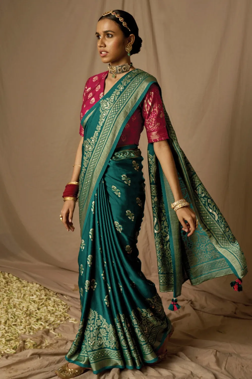 Teal Blue Brasso Saree With Weaving