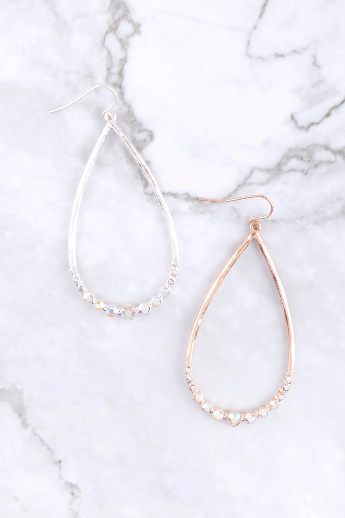 TEARDROP HAMMERED W/ PAVE RHINESTONE HOOK EARRINGS