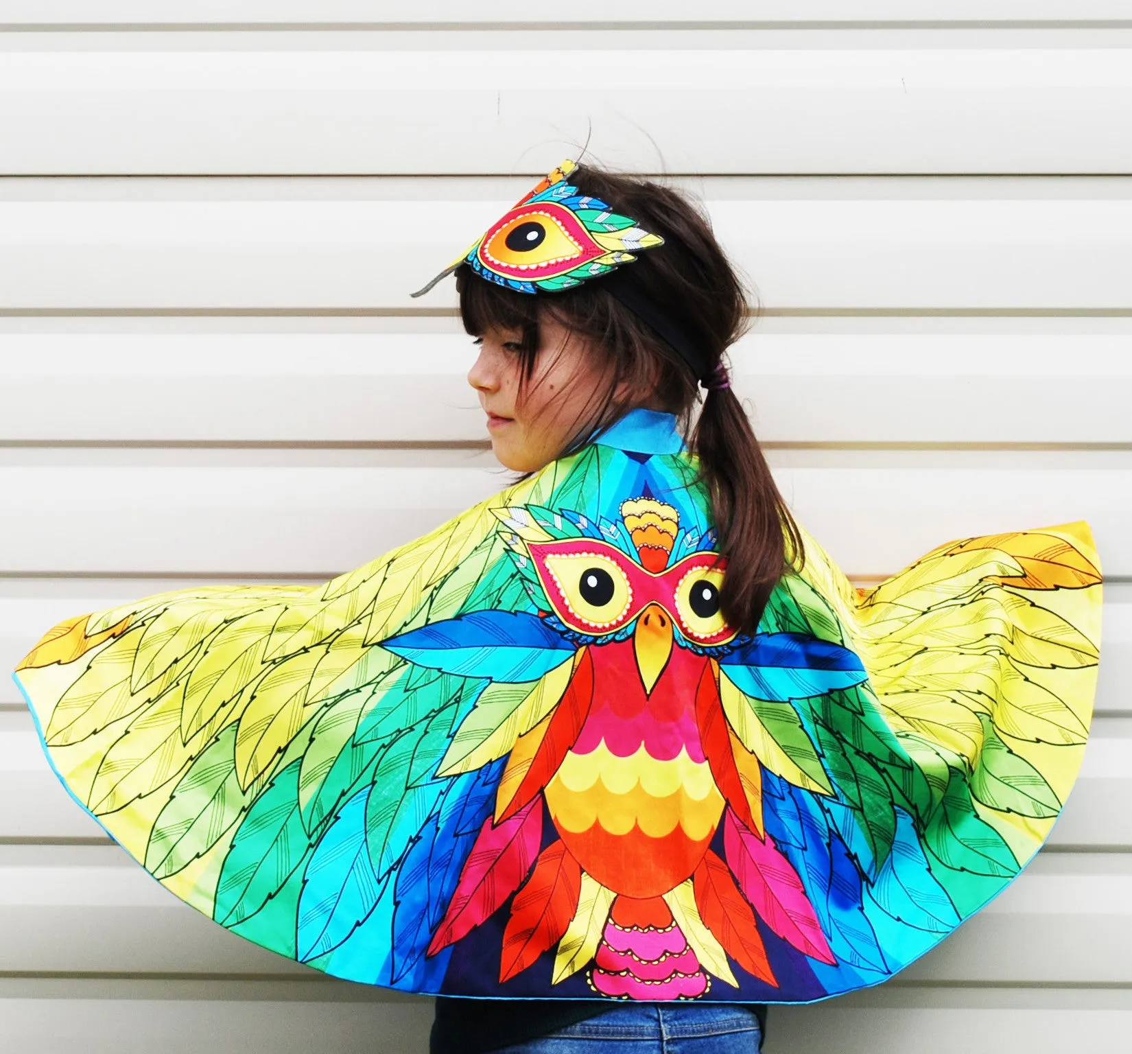 Tropical bird rainbow cape and mask set