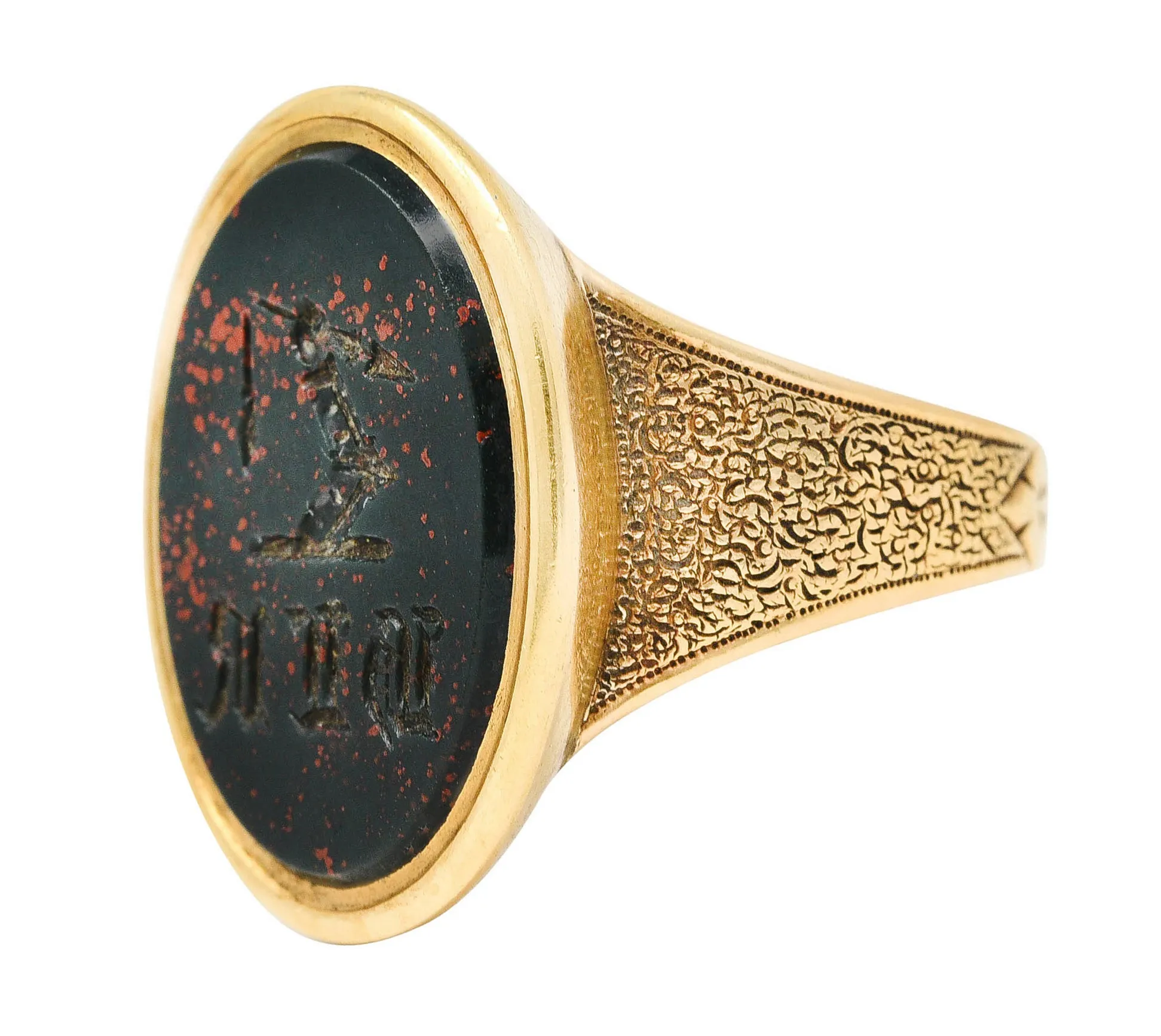 Victorian Bloodstone 18 Karat Gold Intaglio Monogram Signet Unisex Ring